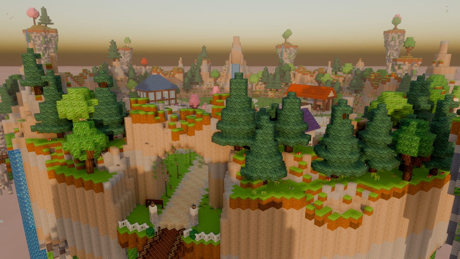 Inseln mit Wäldern und kleinen Häusern in Minecraft Bedrock