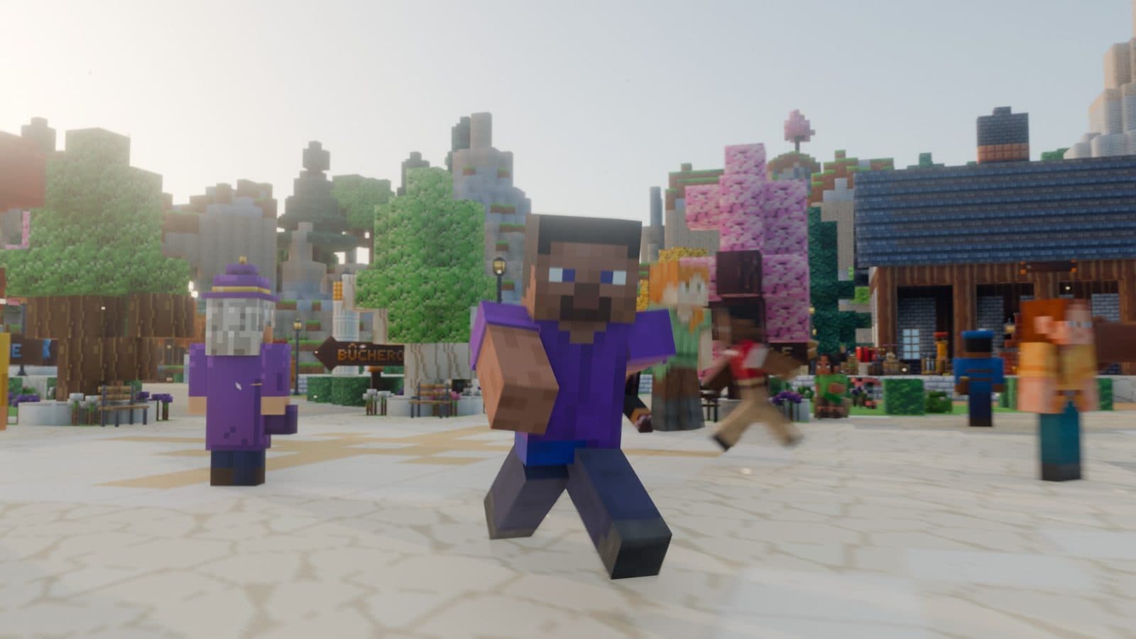 Players running together across the spawn square of a Minecraft server