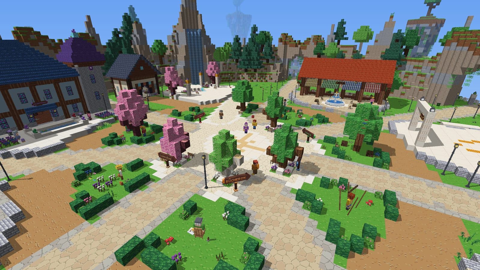 The spawn square, with its houses and blossoming trees