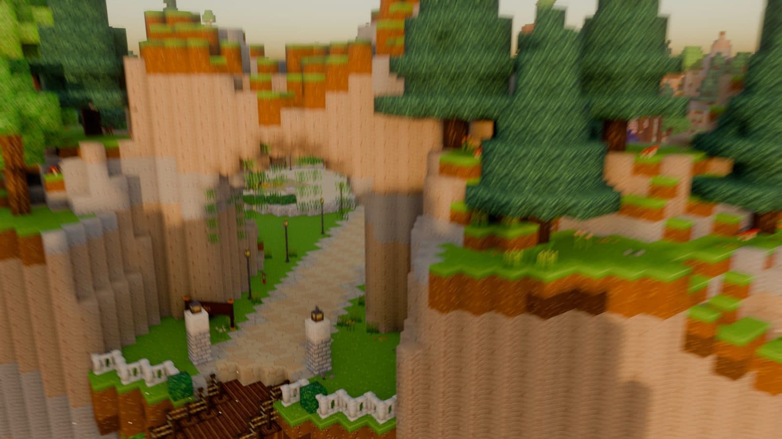 Un chemin de pierre qui serpente entre les sapins d'une île Minecraft