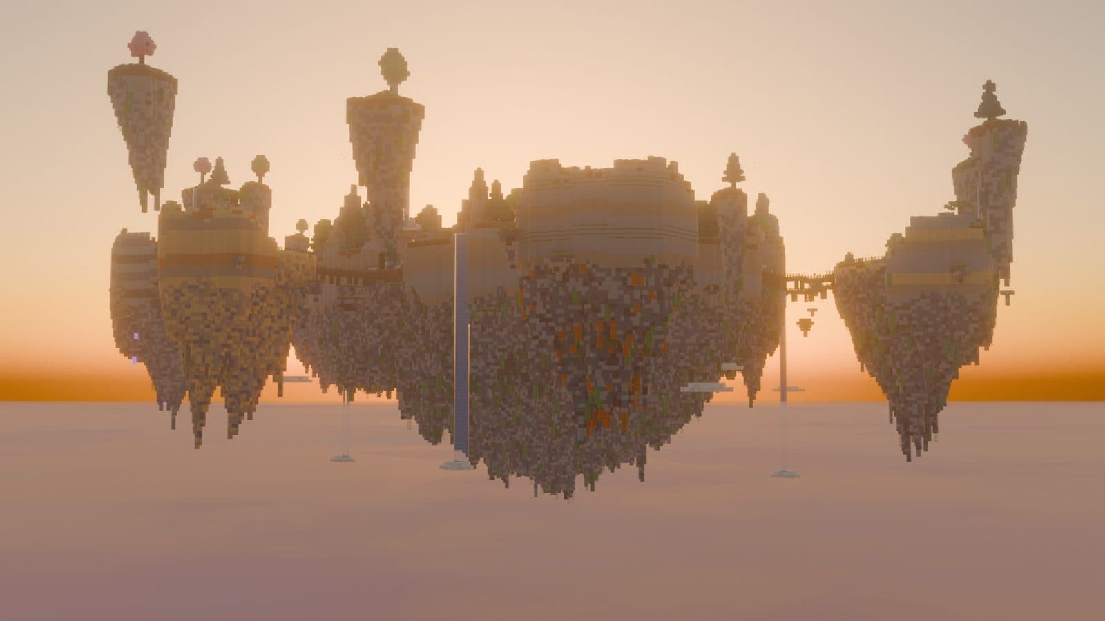 Un archipel d'îles Minecraft suspendues au-dessus d'une mer de nuages