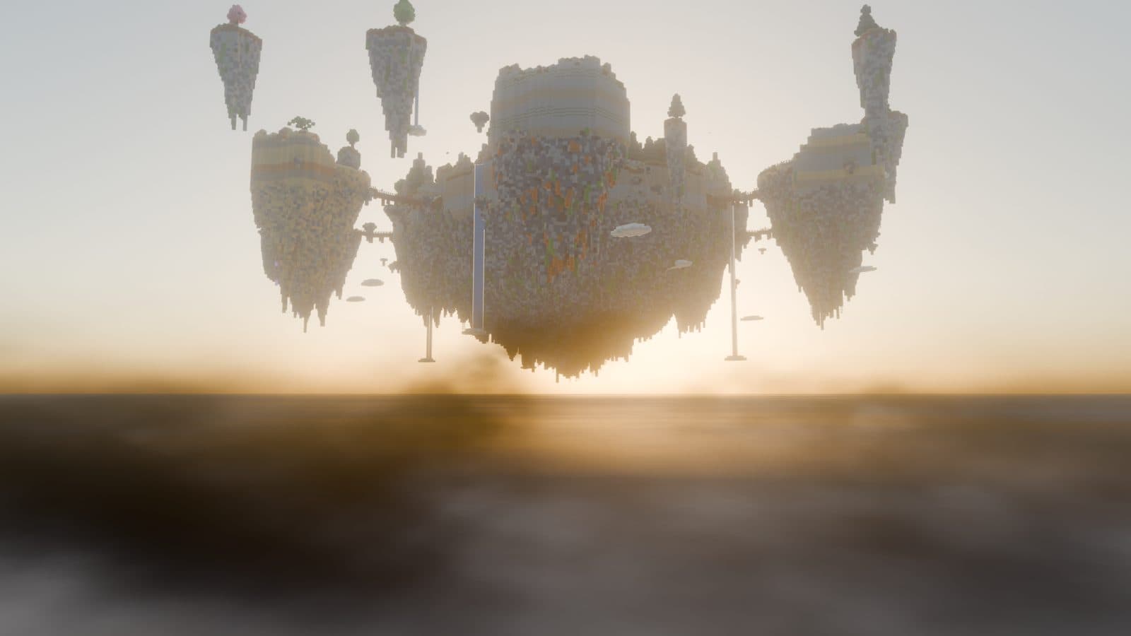 Des îles Minecraft flottantes à peine visibles dans la brume du matin