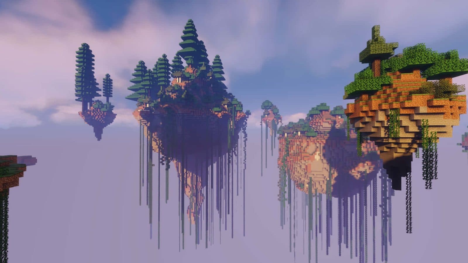 Des îles flottantes avec des sapins et des racines pendantes, dans un ciel violet