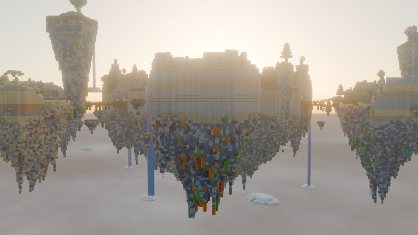 Des îles flottantes au-dessus des nuages, rendu d'un serveur Minecraft Bedrock