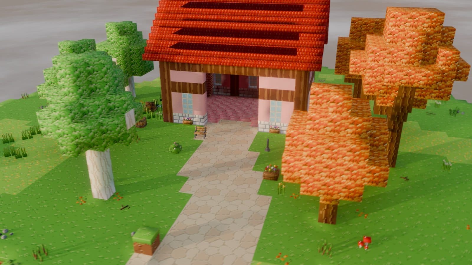 Une maison au toit rouge sur une île Minecraft, entourée d'arbres